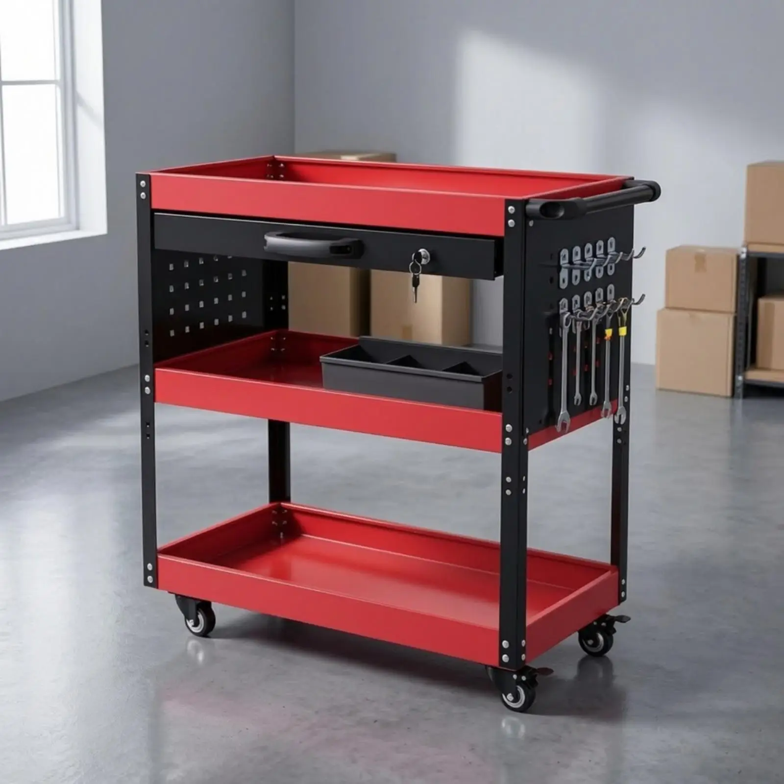 Three-Tier Tool Cart with Drawer Heavy-Duty Mobile Service Cart with Pegboard