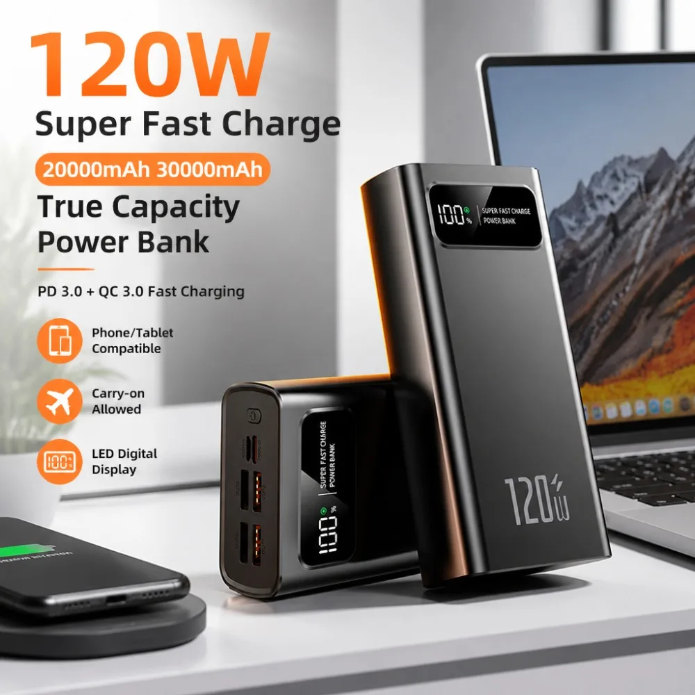 

30000mAh Power Bank 120W Fast Charging, USB C Portable Charger 20000mAh High Capacity Battery Digital Display for iPhone Samsung