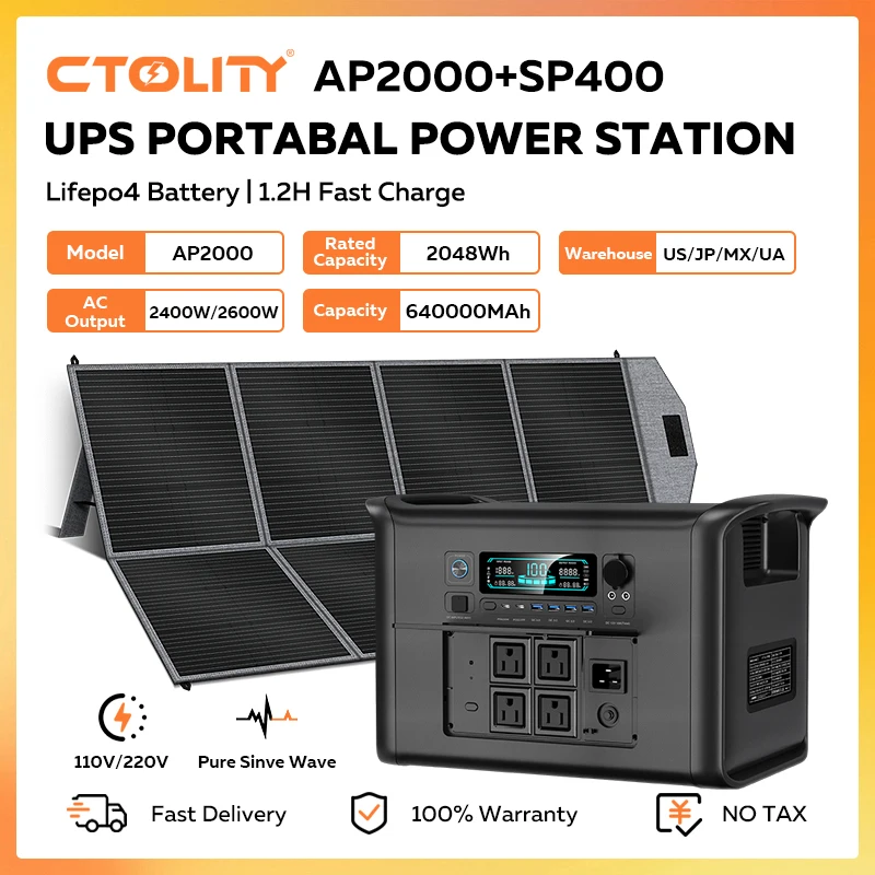 

Портативный солнечный генератор CTOLITY AP2000, солнечная панель 400 Вт, 2048 Втч, аккумулятор Lifepo4, электростанция, аварийный источник чистой сигнальной волны