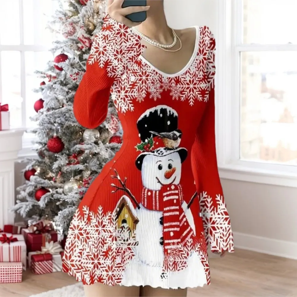 Fashionable Women's Dresses Autumn Winter Christmas Style Casual Comfortable Long-sleeved Loose Waist V-neck Pullover Dress