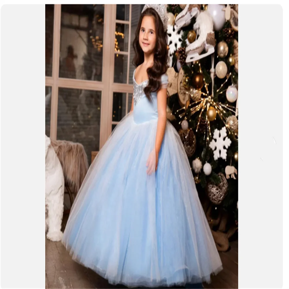 Flower Girl  Dress up Cosplay Costumes Kids Puff Sleeve Blue Clothes Child Christmas Birthday Princess Dresses