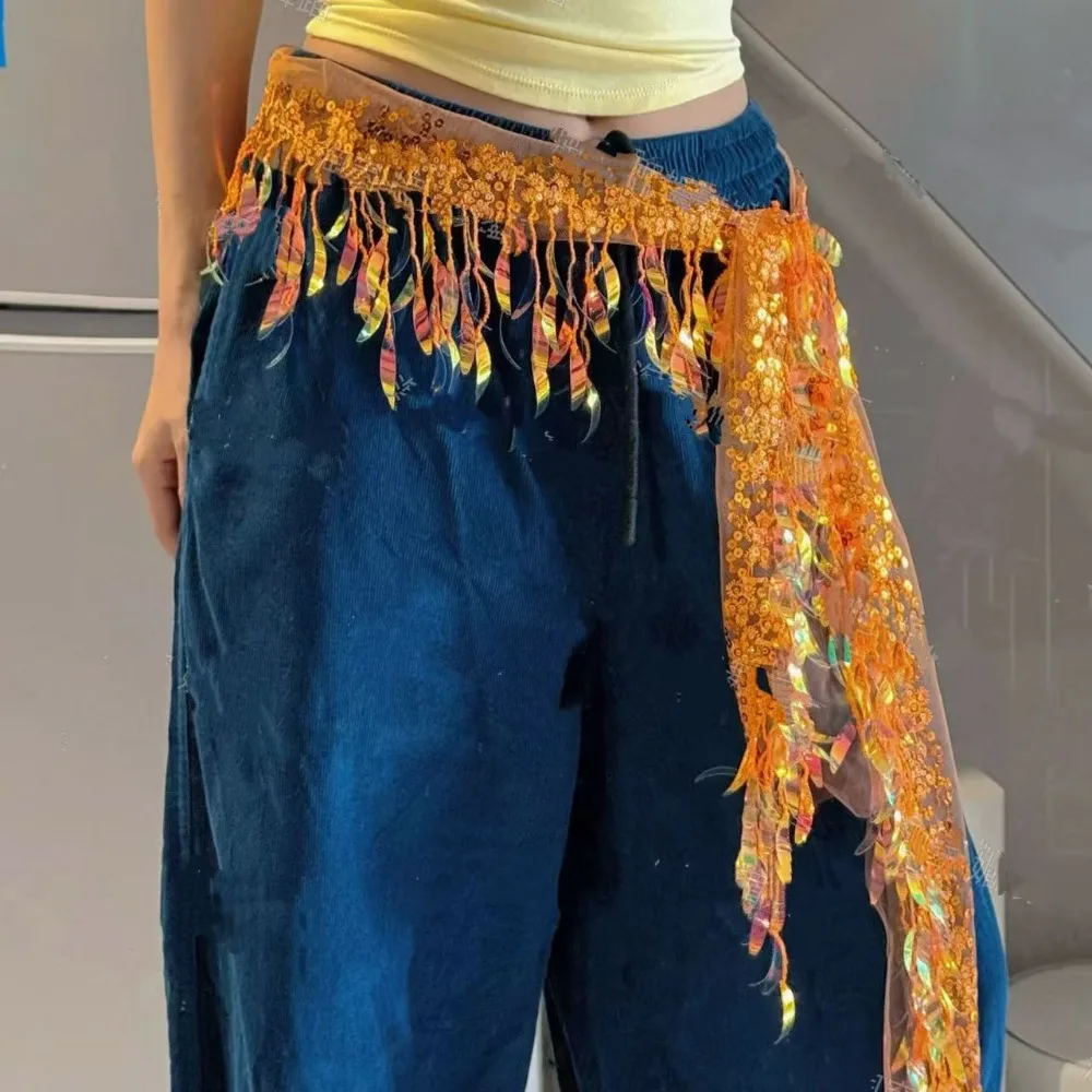 ผ้าคาดเอวเต้นรำแบบมีพู่ห้อย สำหรับเต้นสตรีทแดนซ์ ฮิปฮอป ใช้ได้หลากหลาย พร้อมตกแต่งด้วยคริสตัลวิบวับ