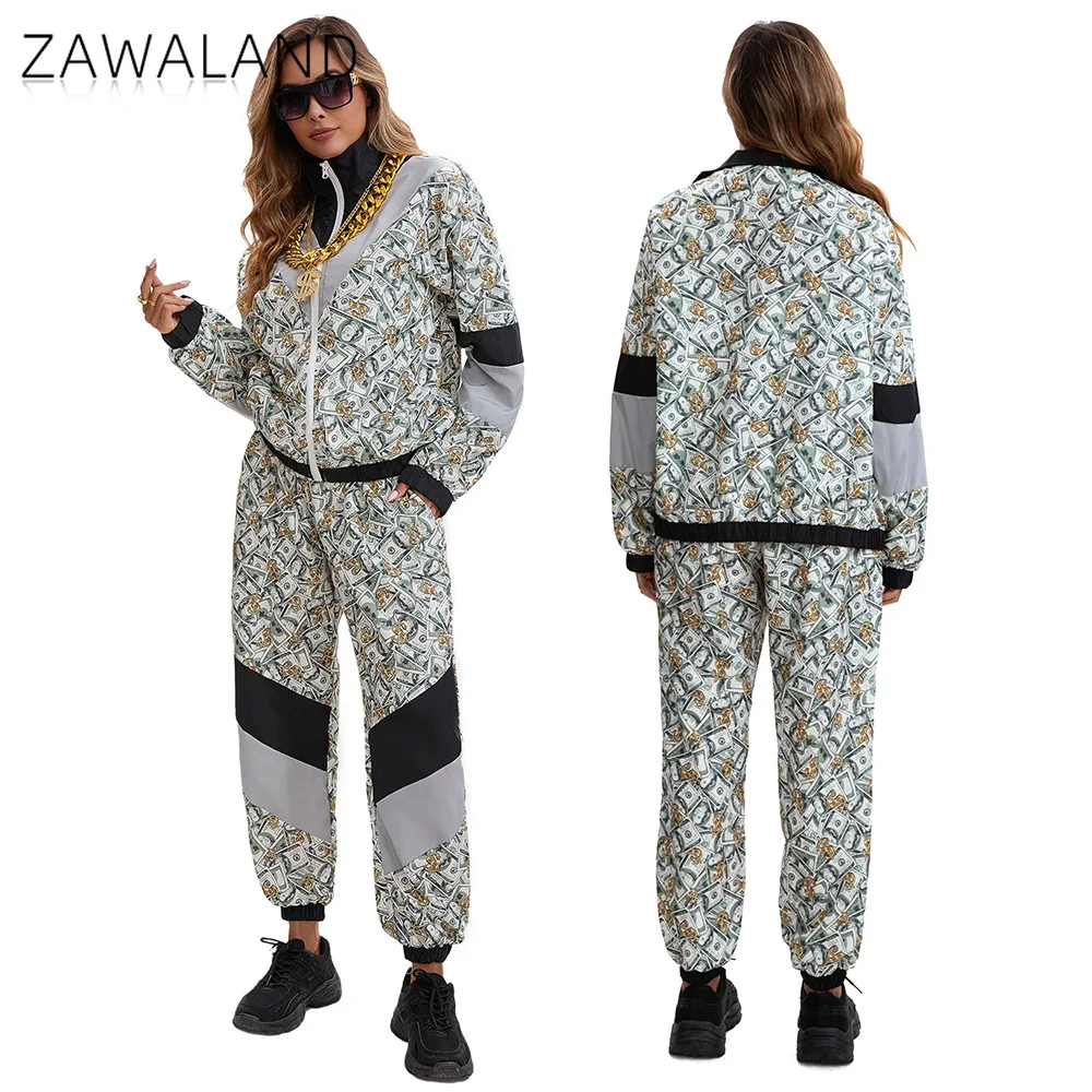 

Fashion Dollar Printed Cosplay Sportswear Halloween Disco Two Piece Set Costume Unisex Long Sleeve Loose Tracksuit Party Outfits