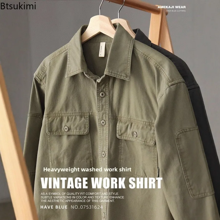 

Новые мужские весенние рубашки-карго, однотонные хлопковые толстые повседневные рубашки с длинными рукавами, винтажный стиль, свободная верхняя одежда, модная мужская одежда