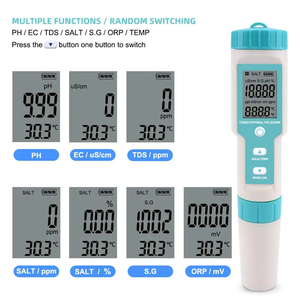 7 in 1 Water Quality Tester PH TDS EC ORP redox Salinity  S. G Temperature TEMP Meter C-600 for Drinking Water Aquariums PH Test