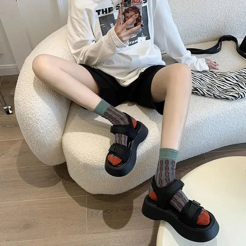 Women Black Sports Sandals Summer New Thick Bottom Heightening Roman Shoes Casual Flat Platform Sandales Buckle Sandalias Mujer