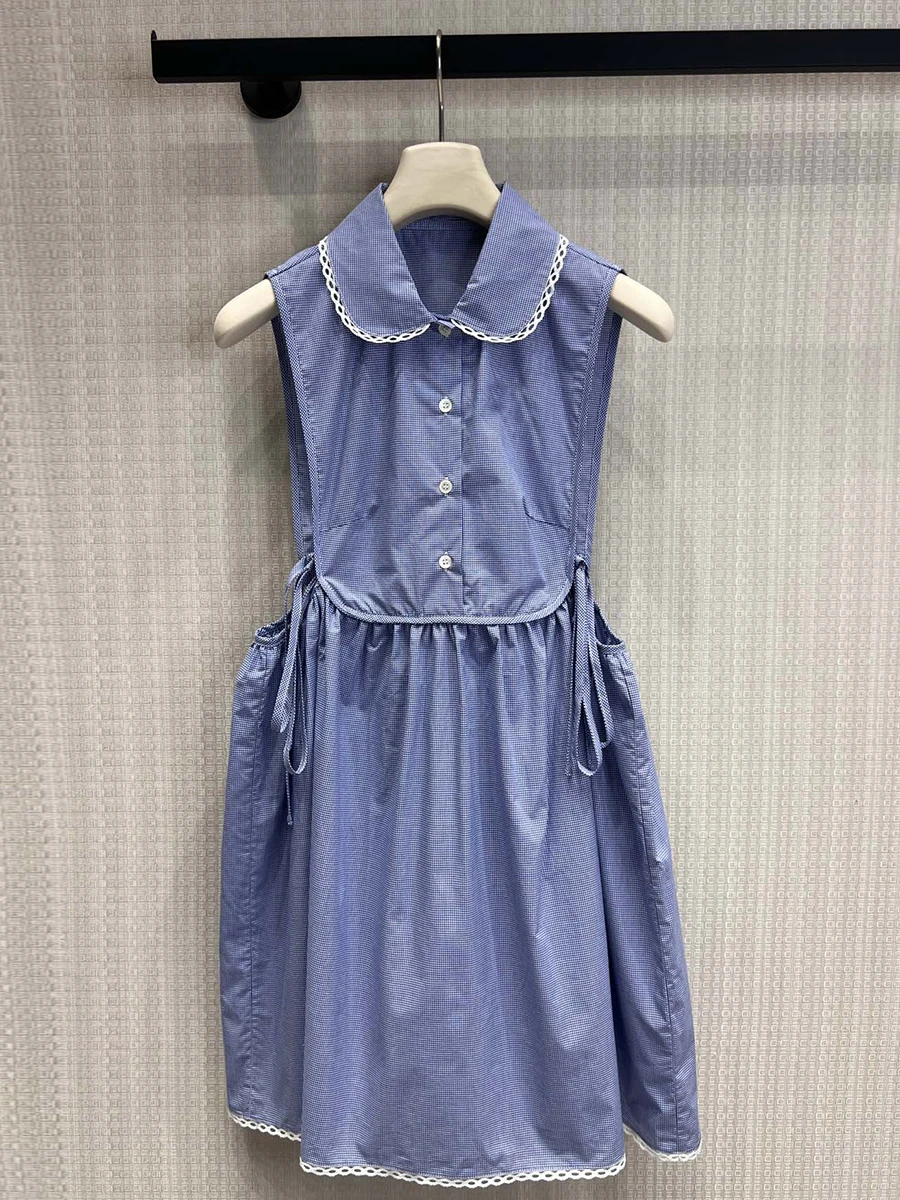 

Spring Summer New Arrival SDLR Doll Collar Gingham Waist Cinched Lace Trim Sleeveless Dress Soft Cotton Breathable A-Line Skirt