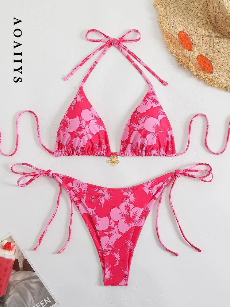 

Aoaiiys Floral Printed Bikini Set Women Swimsuit Halter Lace Up Two-Piece Backless Female Swimwear Bathing New Fashion Beachwear