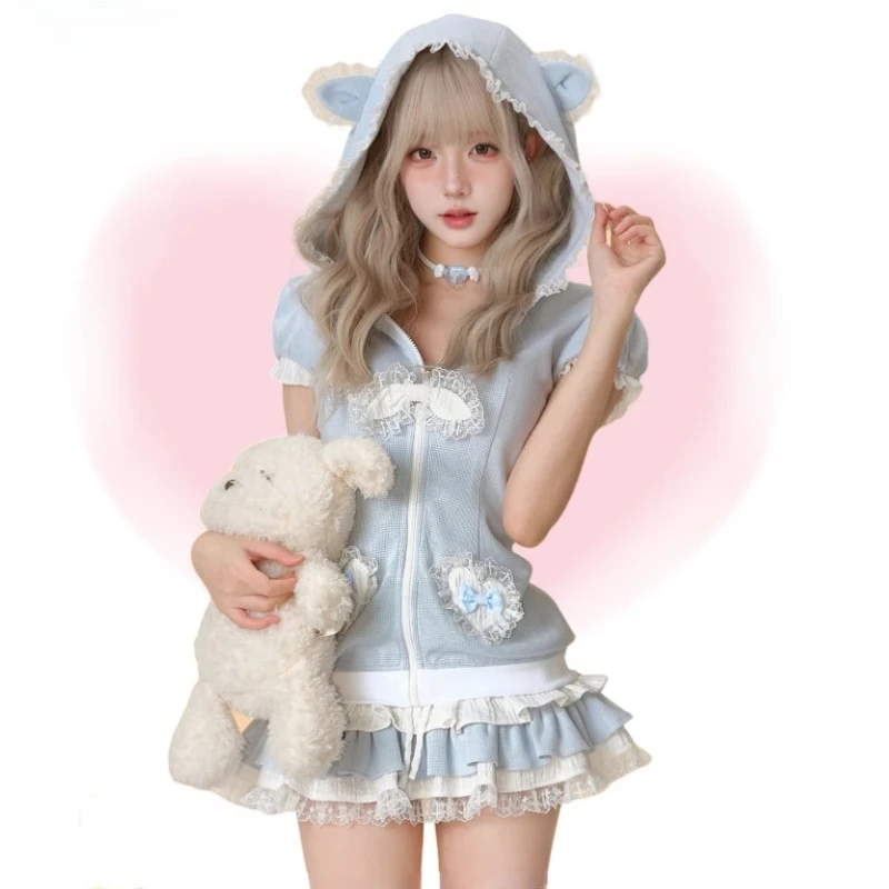 

Early Autumn Women Kawaii Two Piece Set Lace Hooded Zipper Top & Lace Skirt Set Blue Outfit Cute Girl Y2k Clothing 2025