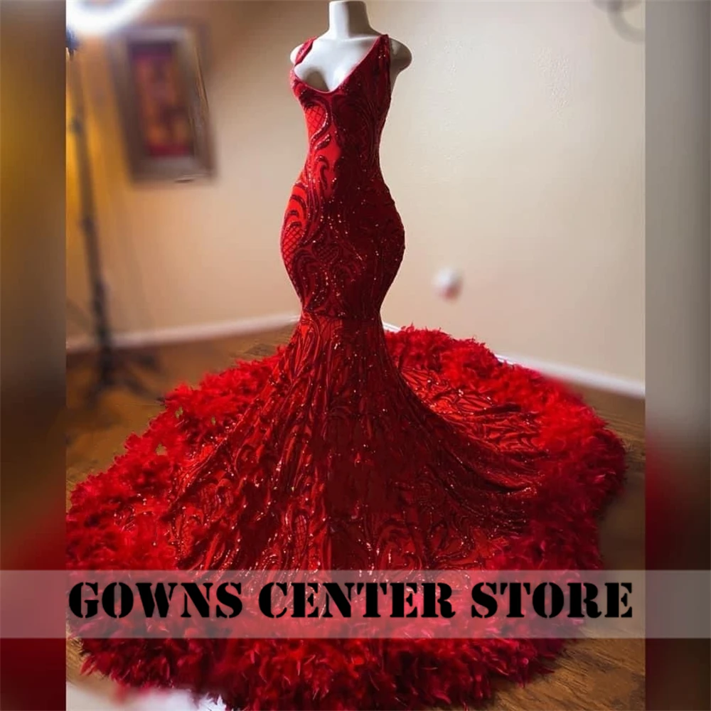 Abito da ballo a sirena con piume di pizzo rosso con paillettes 2024 Abito da cerimonia formale per ragazza nera di lusso con spaghetti Abiti da cocktail personalizzati