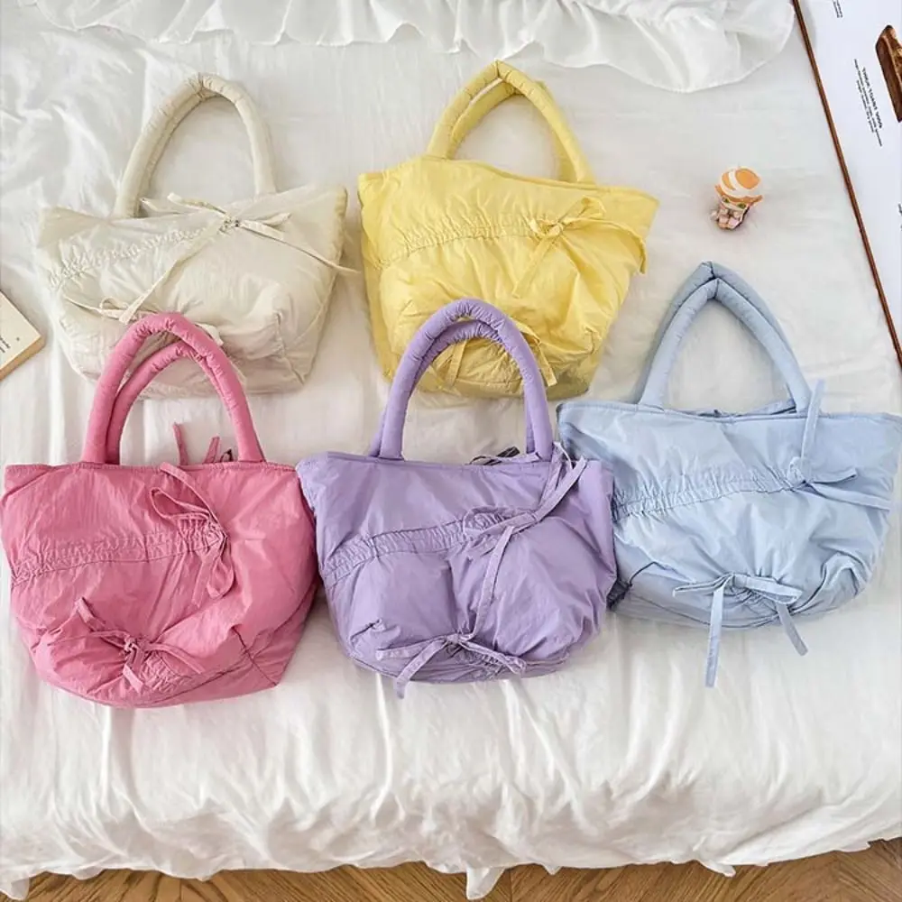 Cool Nylon Pleated Design Hand Bag Bow Dopamine Color Series INS Shoulder Bag Stuffed Cotton Luxury Mini Tote Bag Shopping Bag