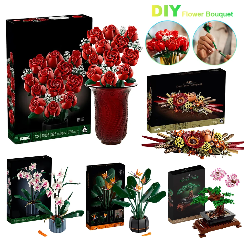 

DIY Romantic Rose Flower Bouquet Building Blocks Creative Home Desk Plant Decoration Assemble Bricks Toys For Gifts Girls Lady