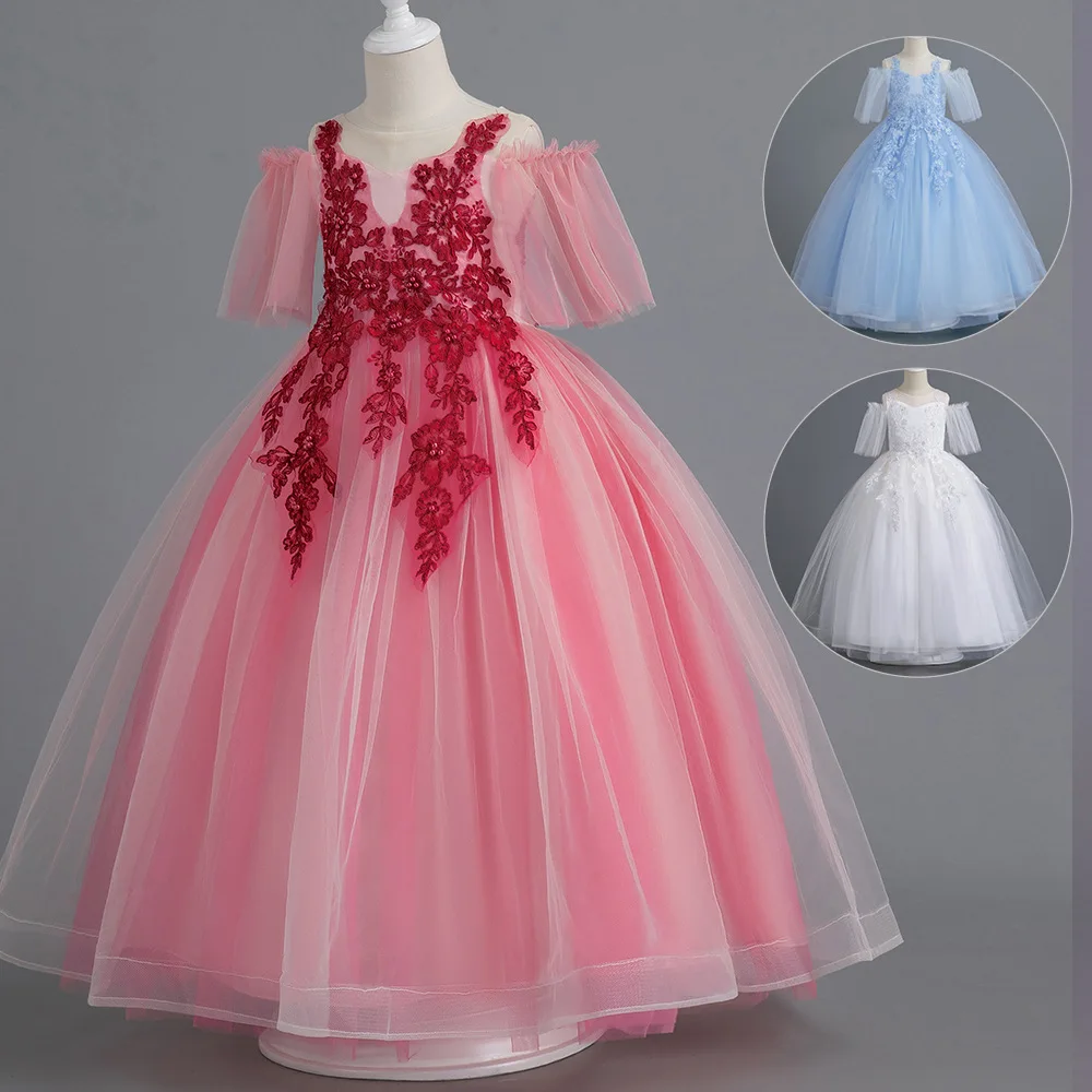 

ELBCOS 6-16T Kid Girls Flower Embroidery Short Sleeve Back Bowknot Skirt Costumes Evening Full Dress