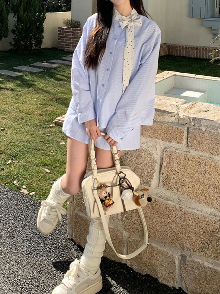 Casual Blue Striped Long Sleeve T-Shirt Women's Spring Autumn Splicing Polka Dot Collar  Knot Design Sense Set