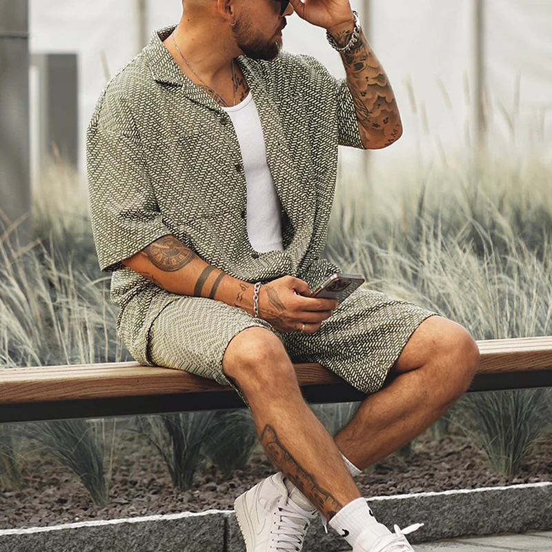 Vintage Men\'s Clothing Two Piece Suit Sportswear Summer Casual 2023 Fashion Button-up Lapel Shirts And Shorts Set Men Streetwear