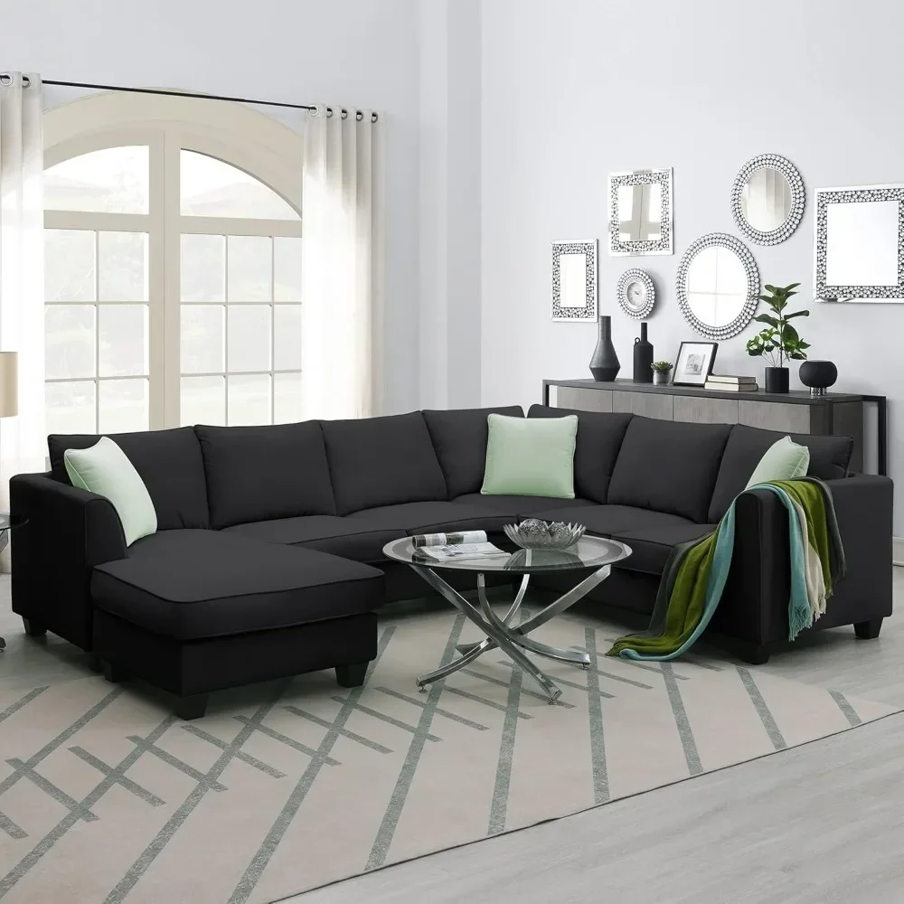 Modern Large U-Shape Sectional Sofa, 7 Seat Fabric Sectional Sofa Set with Movable Ottoman, L Shape Sectional Sofa