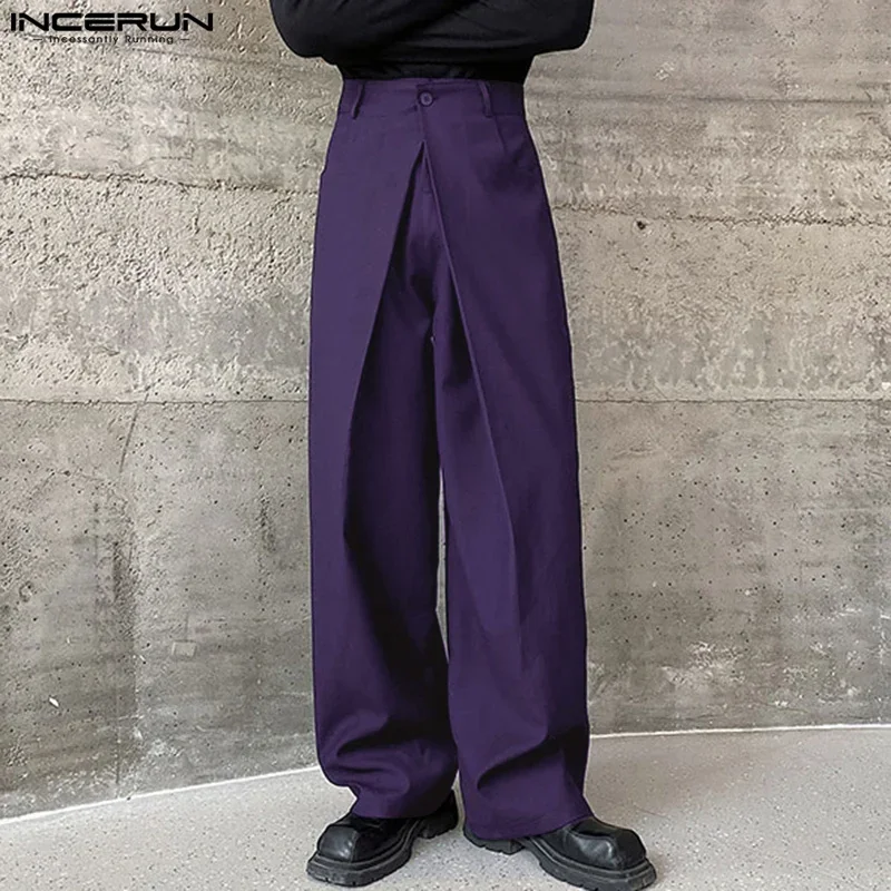 

INCERUN Men Pants Solid Color Button Joggers Loose Pleated Wide Leg Trousers Men Streetwear 2025 Fashion Casual Long Pants S-5XL