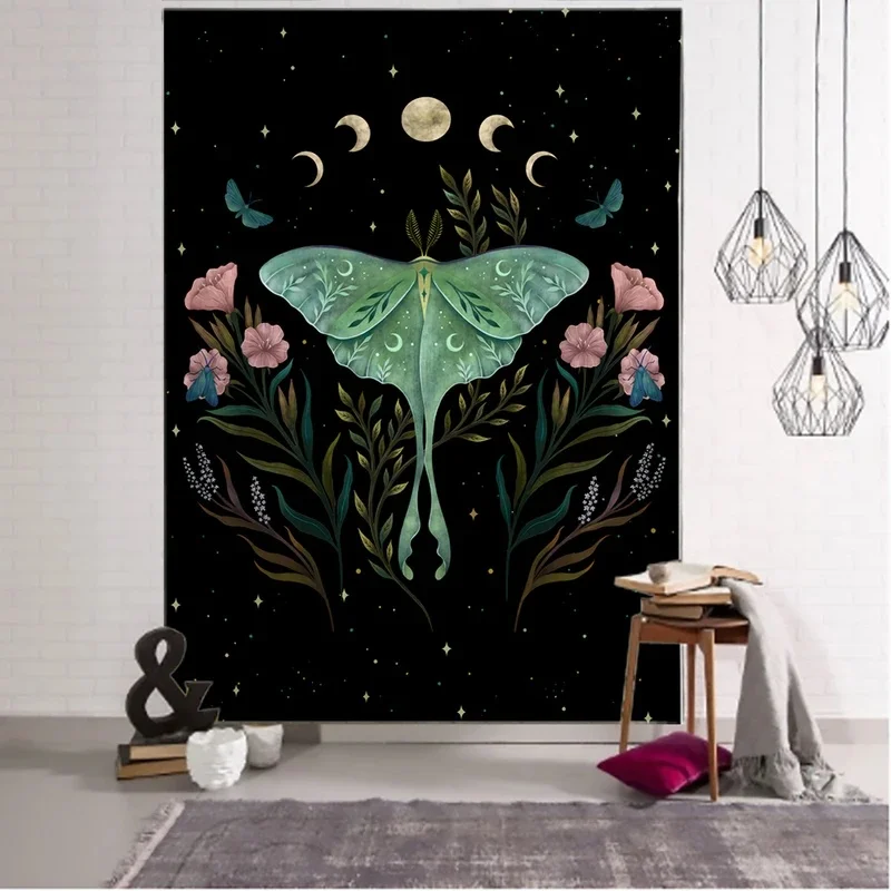 VIKAMA Luna Moth Moon Phase Tapestry, Botanical Floral Starry Sky Wall Hanging, Mystic Witchy Cloth Poster for Bedroom Decor