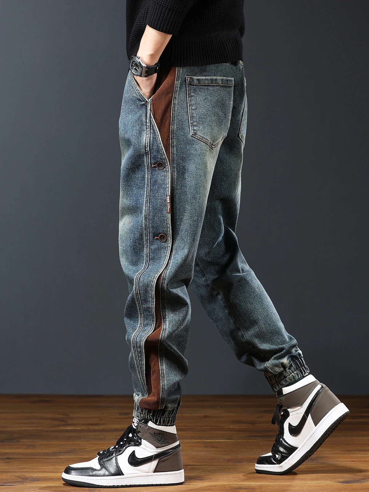 

Американские рабочие брюки в стиле ретро, мужские свободные повседневные осенние модные брендовые джинсы, свободные брюки-карго с завязками