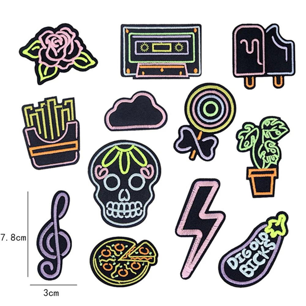 1Pcs 3D Nightglow Embroidery Patch  Icon Iron On Patches For Clothing DIY Stripes Clothes Patchwork French Fries Pizza Theme