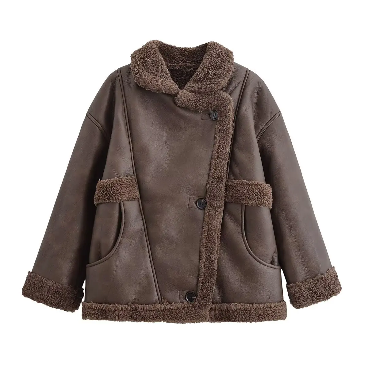 

Suninheart, зимняя утепленная куртка из искусственной кожи, женская куртка 2025 с отложным воротником, теплое пальто из овечьей шерсти, модная уличная верхняя одежда