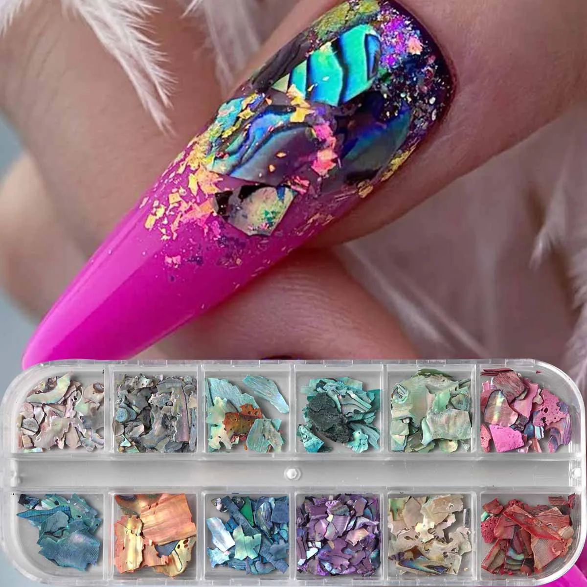 12 Grids Ultra Thin Abalone Shell Nail Art Decorations Iridescent Multi-Color Seashell Fragments Nail Art Shell Pieces