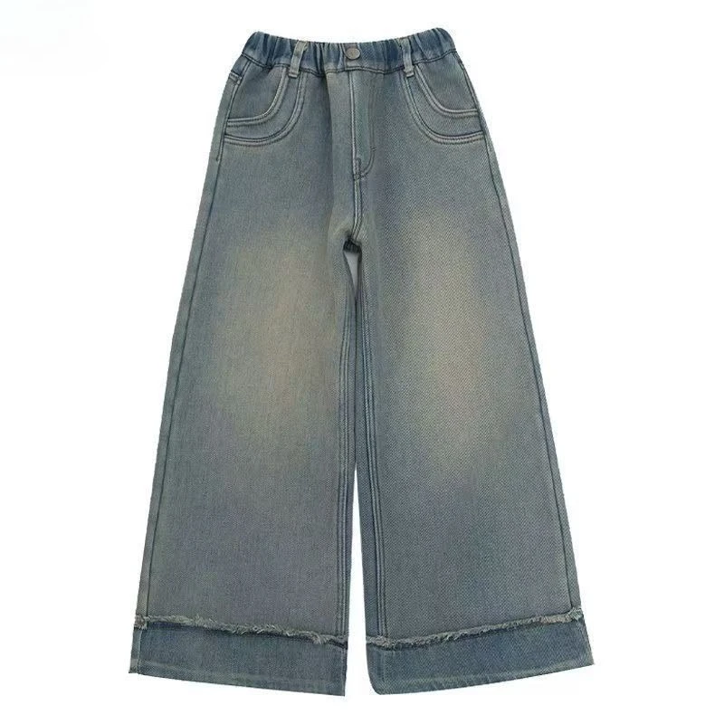 New Girls Denim Jeans Winter Fleece Lined Wide Leg Pants Kids Casual Thickened Straight Trousers Children Fashion Bottoms