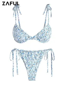 בגד ים ZAFUL עם תמיכה מעלה לנשים, כתפיים קשורות, פרחוניות, לוהטות, טנגה ביקיני, בגד ים עם חוטים, טופ ביקיני עם קשירה בצד ותחתית