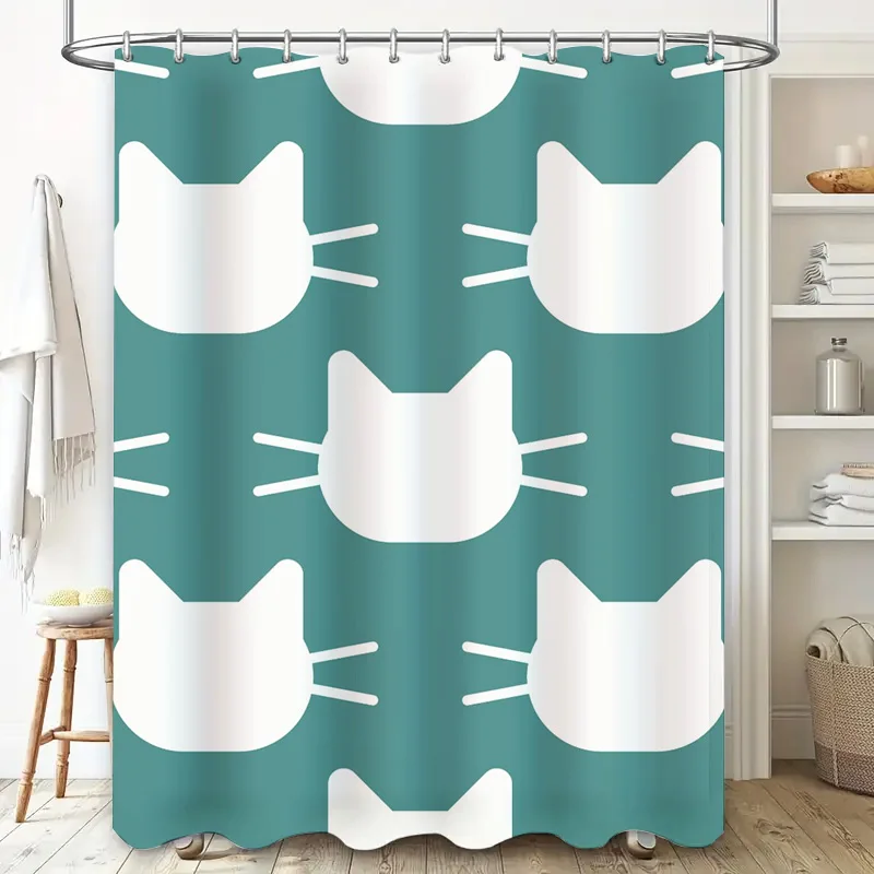Modern Bath Shower Curtain with Cat Pattern Waterproof Fabric for Home Decor in Teal Green White Colors