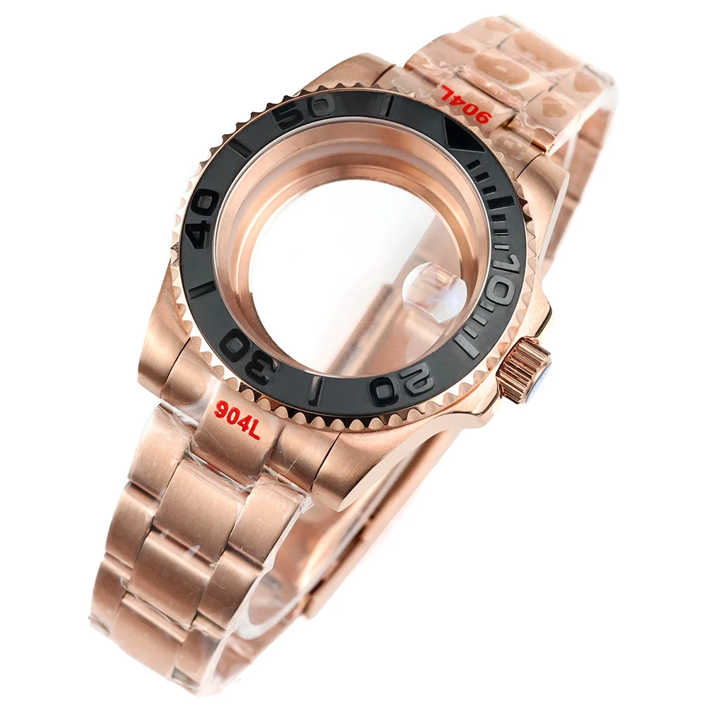40MM Rose Gold Watch Case Waterproof Sapphire Glass For NH35 NH36 NH38 Movement GMT SUB Yacht-Master Case Brushed Oyster Strap