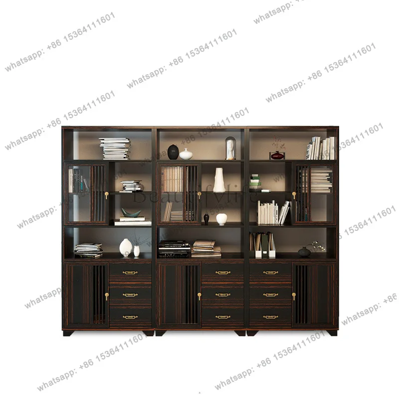 New Chinese-style golden silk sandalwood bookcase, all solid wood multi-layer storage, wall storage display cabinet