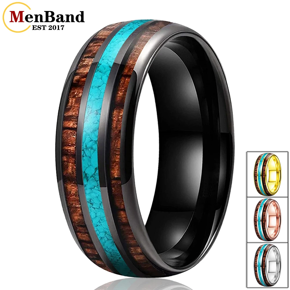 

MenBand Fashion 8MM Men Women Black Tungsten Carbide Wedding Ring Crushed Turquoise And Koa Wood Inlay Domed Comfort Fit