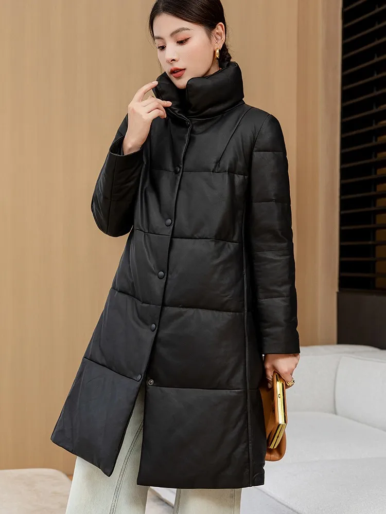 معطف شتوي دافئ بياقة واقفة للنساء من الجلد الطبيعي معطف واحد الصدر فضفاض مناسب جديد غير رسمي متوسط الطول من جلد الغنم #3