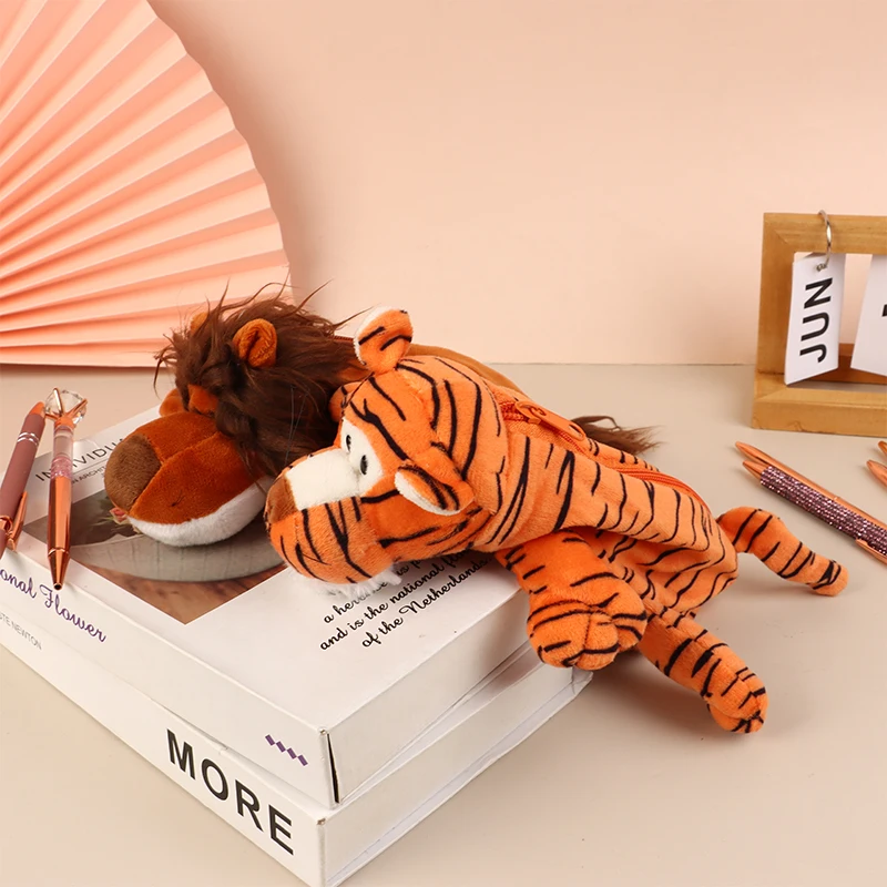 Cartoon Animal Pencil Case Lion Tiger Bear Plush Doll Pen Pouch Cosmetic Bag Desktop Storage Bag School Supplies Stationery Box