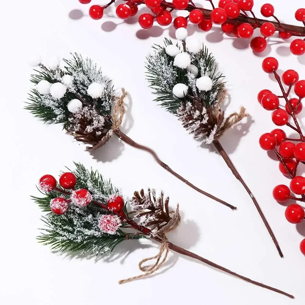 1pcs Artificial Flower Fake Snow Frost Pine Branch Cone Berry Holly Diy Xmas Tree Ornament Home Christmas Decor Supplies Gift