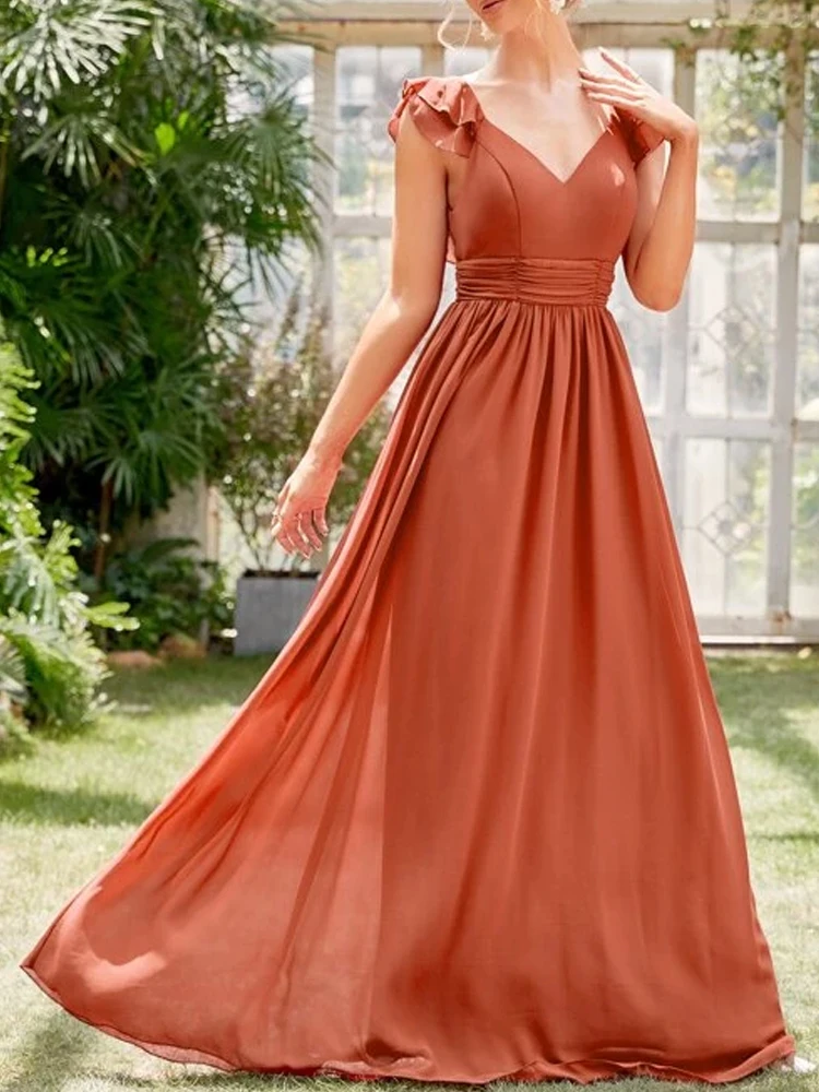 Bridesmaids Dresses Woman Ruched Layered Ruffle Trim Maxi Wedding Guests Gowns Short Sleeves Floor Length