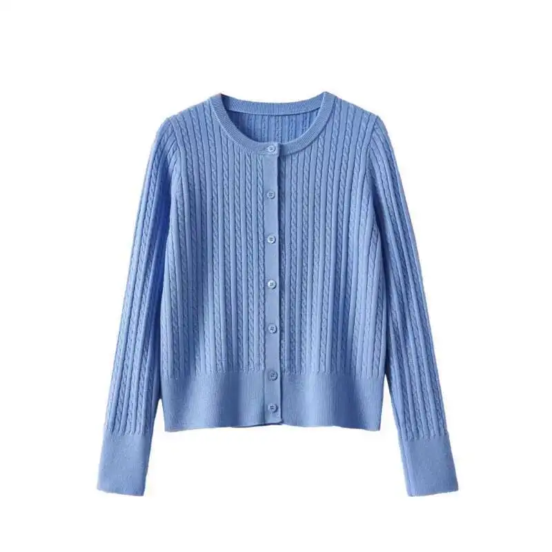 

Women 32%wool Twisted Cardigan 2025 Spring New Round Neck Solid Color Long Sleeve Knitted Sweater