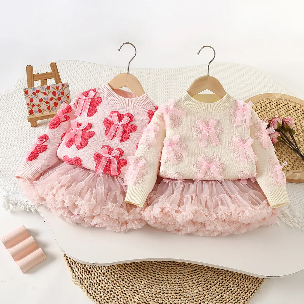 

Girls Clothing Set Autumn and Winter 2025 New Children's Suit Sweet Sweater +Mesh Fluffy Skirt Baby Girl's Two Piece Set