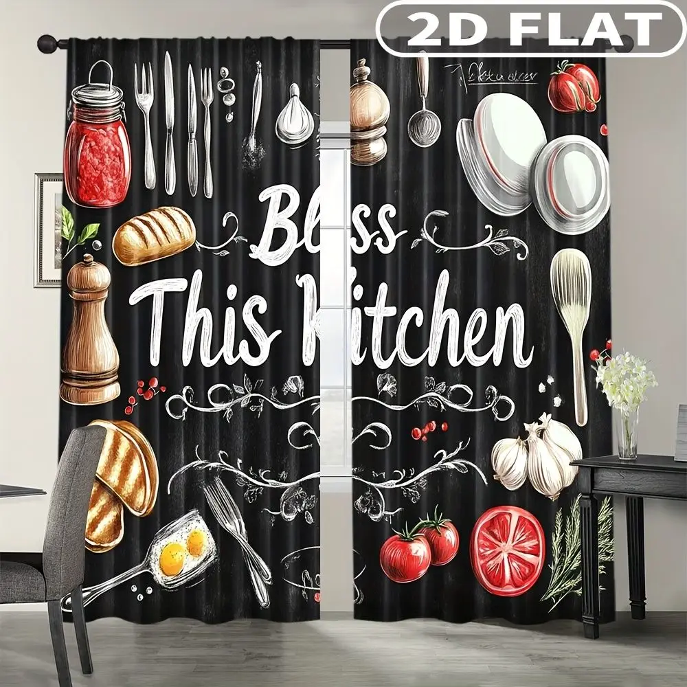 

2pcs Curtains Bless This Kitchen Pattern for Balcony, Bedroom, Study, Living Room, Suitable for Spring & Summer Machine Washable