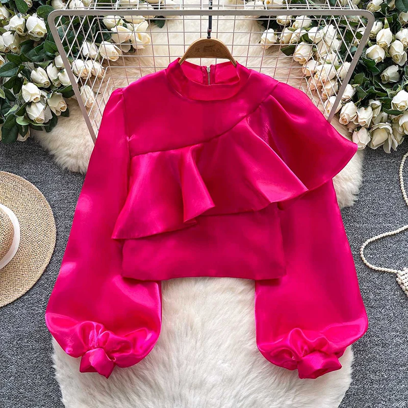 

Women design sense ruffle edge spliced lantern sleeve shirt spring new solid color elegant commuting fashion versatile top