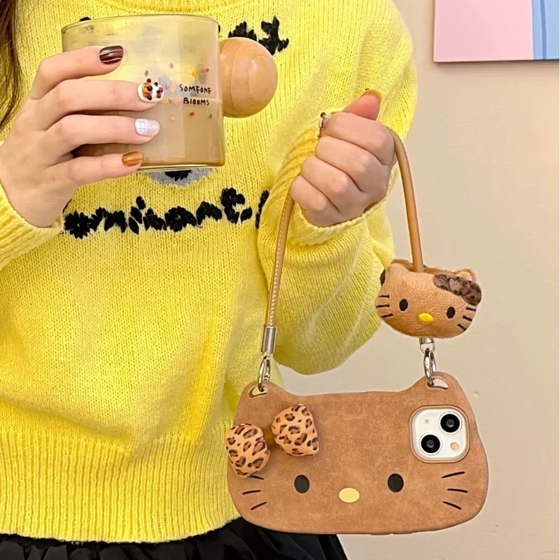 Sanrio Hello Kitty Lovable Brown Leopard Print Bow Phone Case For iPhone 16 15 14 13 Pro Max Y2K Girl Cute Hand Strap Back Cover