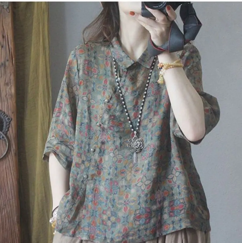 

Ретро-рубашка из хлопка и льна с коротким рукавом и принтом, большого размера, с воротником, шелковый топ, женская, в повседневном стиле, с цветочным принтом