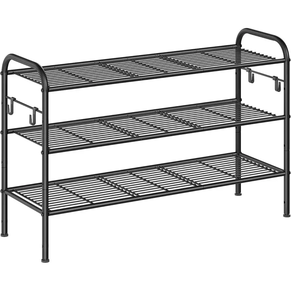 

Shoe Rack, 3-Tier Shoe Organizer, Metal Shoe Shel Storage with 4 Side Hooks, Holds 15 Pairs o Shoes, Height-Adjustable Shoe Rack
