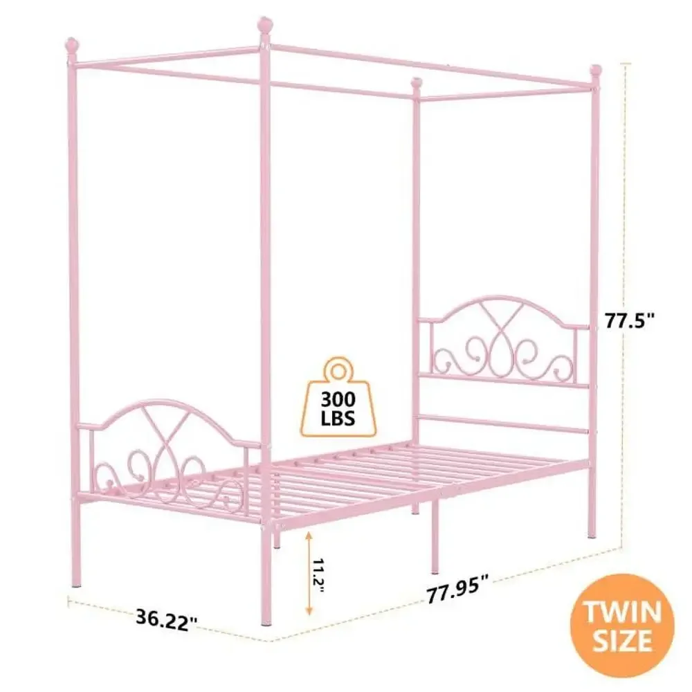 Metal Princess Canopy Bed Frame Twin Size with Four Posters Headboard&Footboard No Box Spring Needed Under Bed Storage Modern