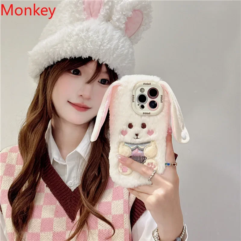 3D Cartoon Plush Phone Case For Apple iPhone 16 Pro Max Case 15 14Plus 13 12 11 Furry Rabbit Bunny Shockproof Silicone Fur Cover