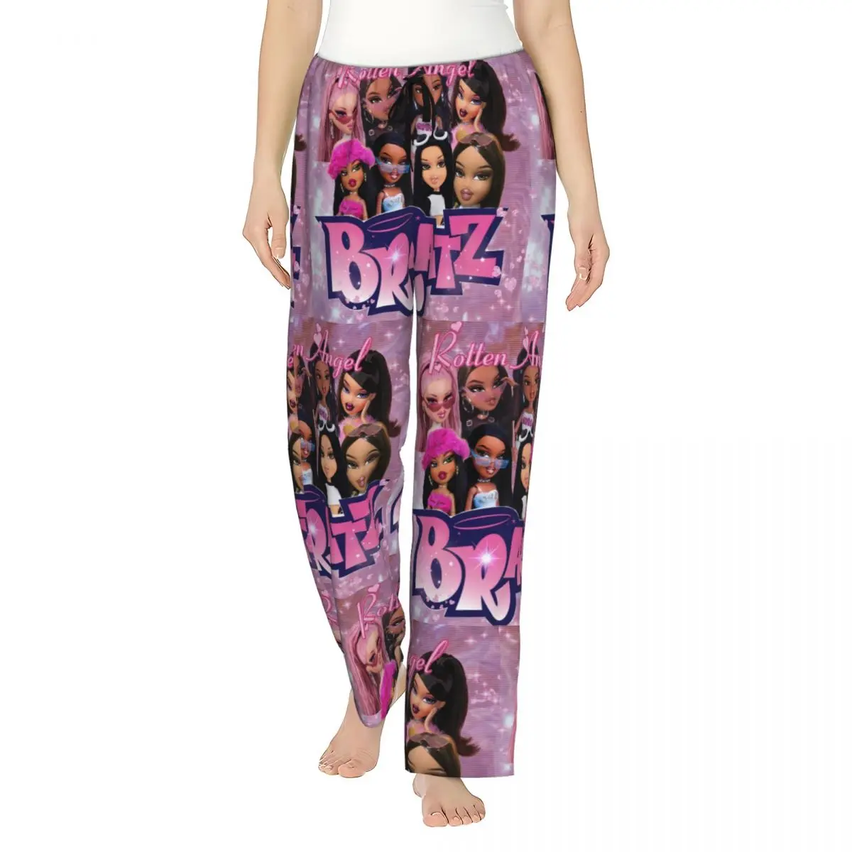 Custom Printed Bratz Rock Angelz Doll Collage Pajama Pants for Women Cartoon Tv Movie Sleep Sleepwear Bottoms with Pockets