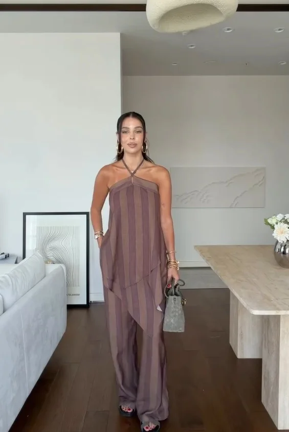 

Sexy Striped Long Trousers Two-Piece Set women halter backess irregular tops wide-leg pants suit causal streetwear lady outift
