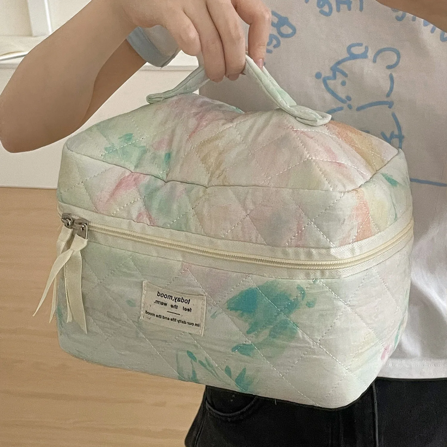 Borsa per il trucco trapuntata da viaggio grande per le donne, borsa per cosmetici in cotone floreale, borsa per l\'organizzatore di articoli da