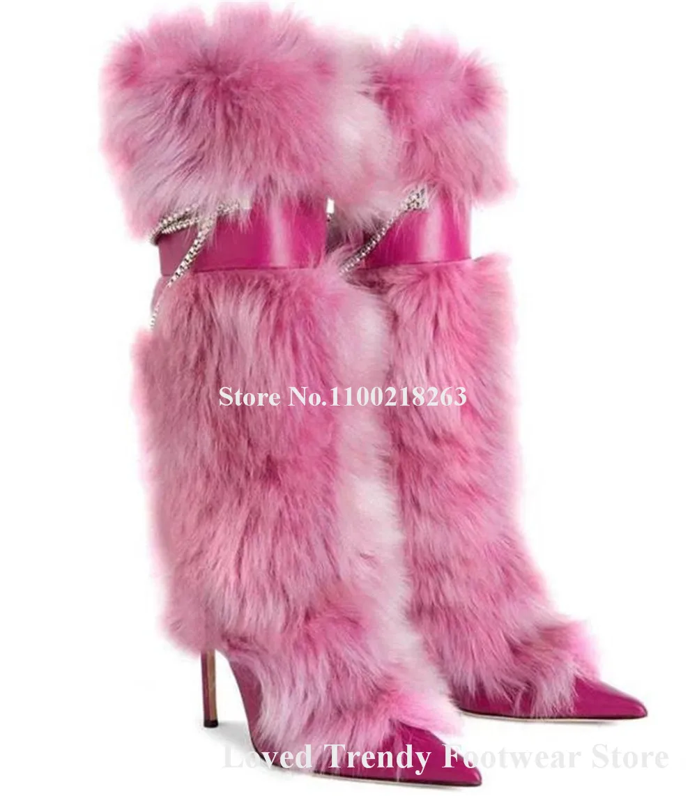 Winter Fashion Thick Fur Decorated Stiletto Heel Knee High Boots Pointed Toe Pink Red White Brown Metal Chains Long Boots