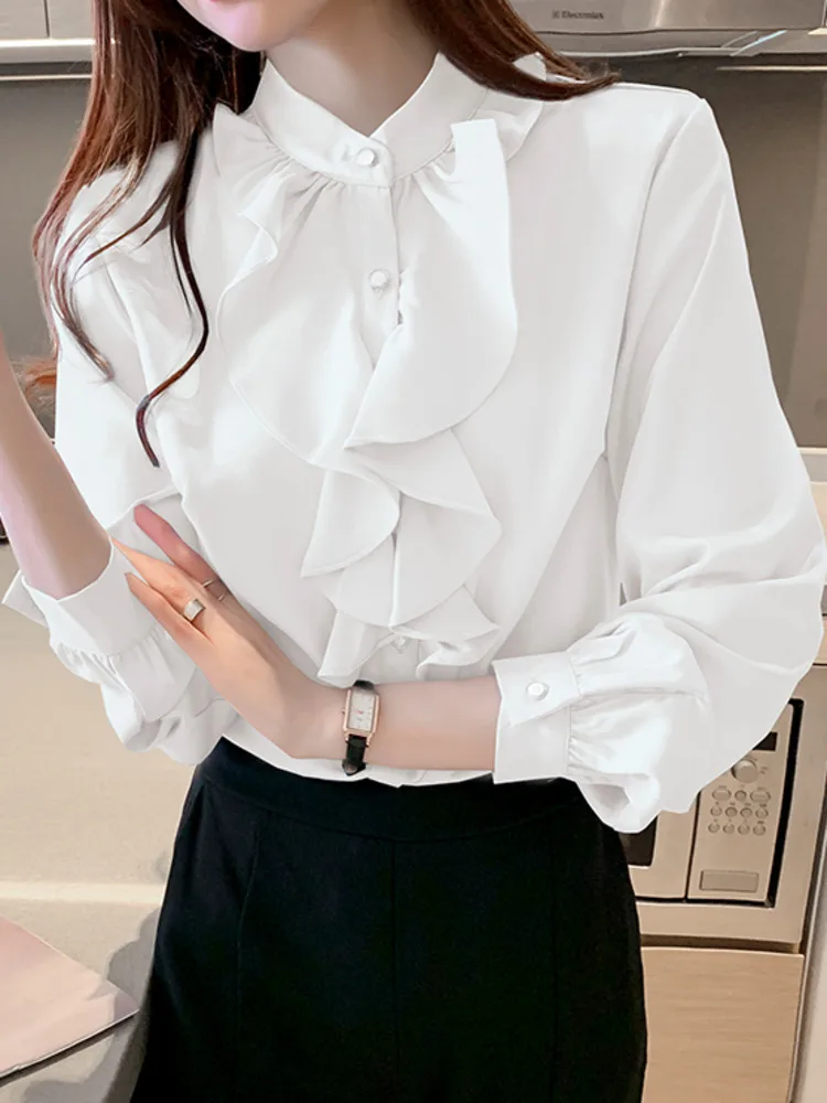 #3122 White Blue Red Office Chiffon Shirts Stand Collar Spliced Ruffles Blouse Femme Elegant Slim Fit Womens Tops And Blouses